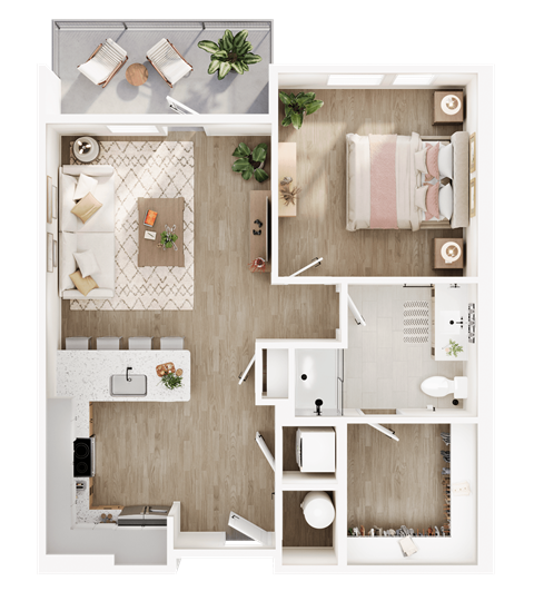 Floor plan for 1 bed, 1 bath, 844 sqft
